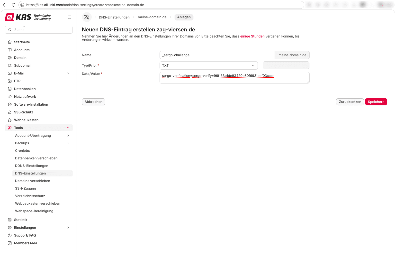 Beispiel eines neuen TXT-Eintrags in den all-inkl DNS-Einstellungen (KAS)